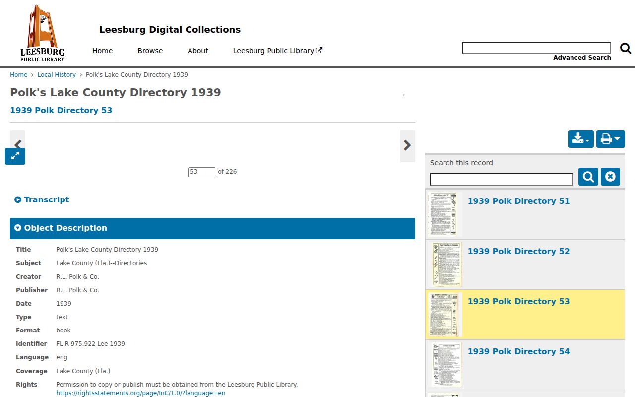 Lake County city directory sample 1939 entry page
