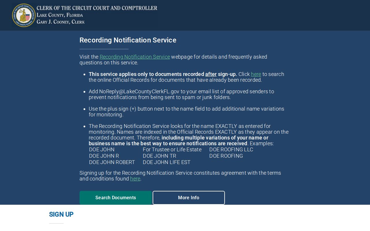 Lake County Clerk recording notification page for exact-name property record alerts