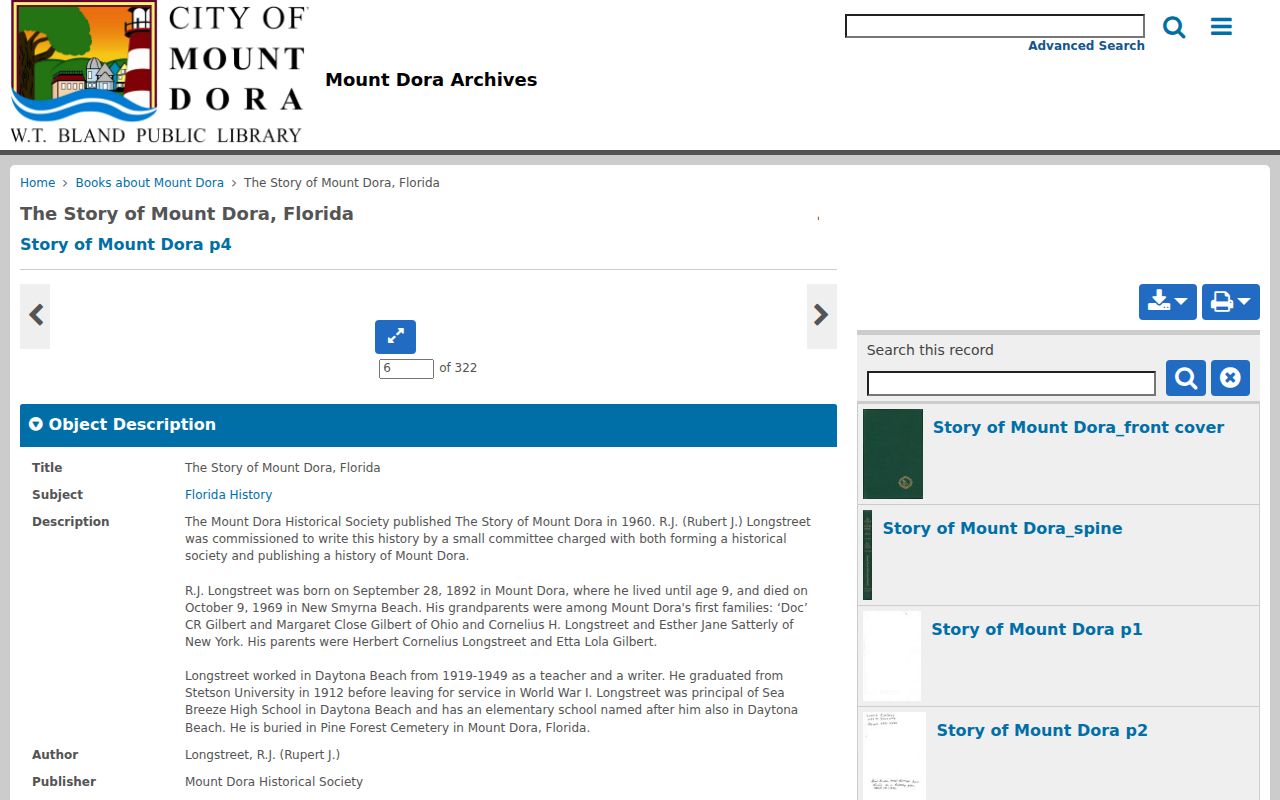 The Story of Mount Dora archive book used to find Lake County past resident clues
