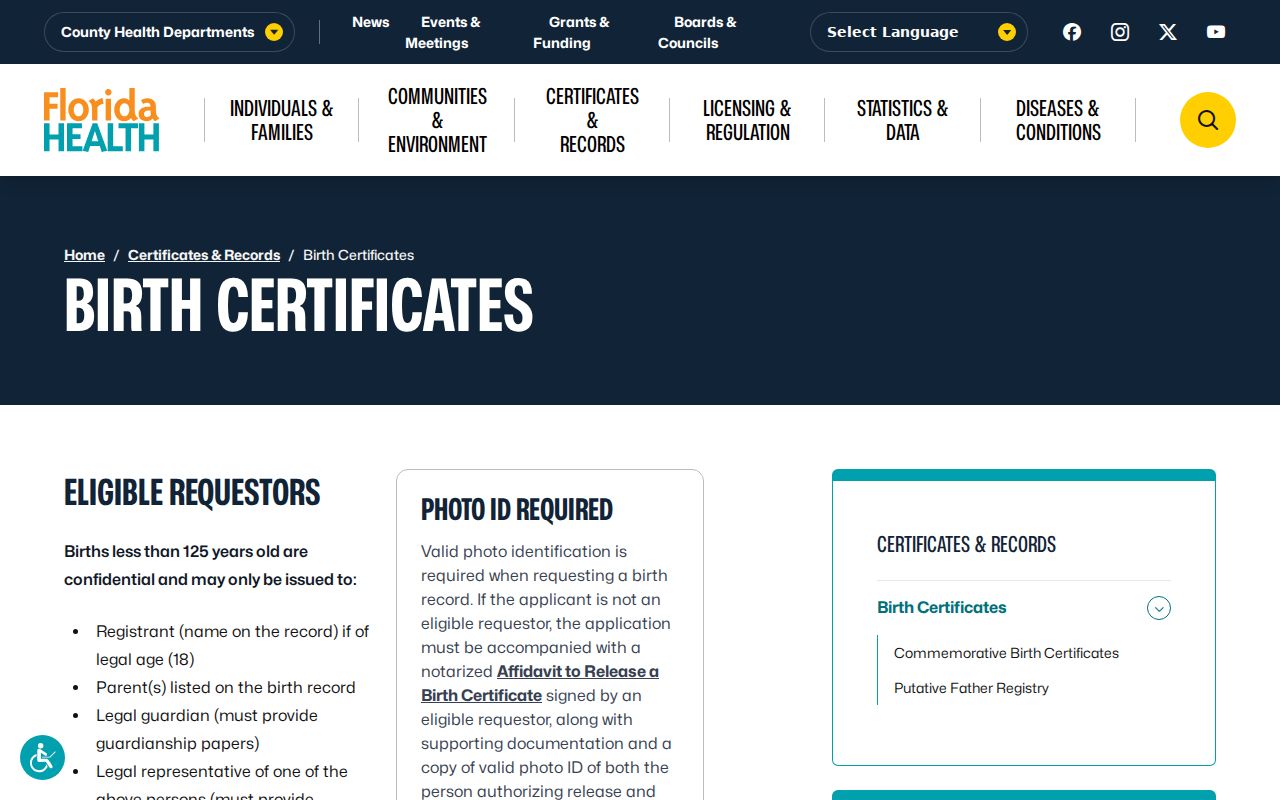 Lake County resident lookup Florida birth certificate access