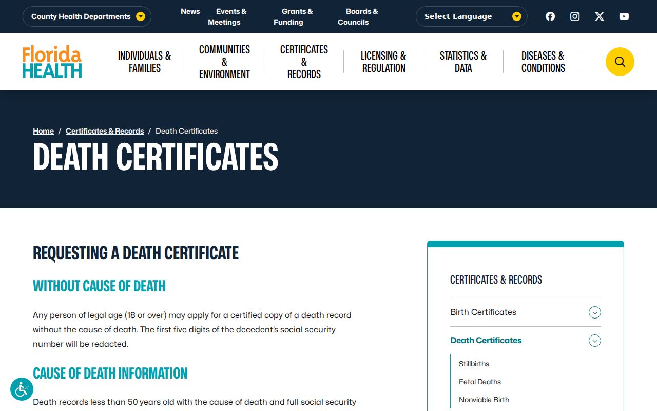 Lake County resident lookup Florida death certificate access