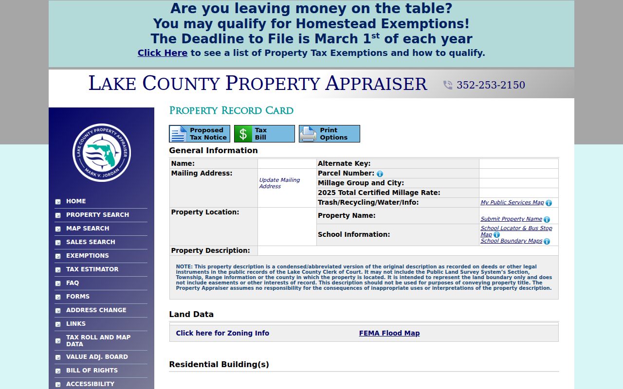 Lake County street directory property record detail fields